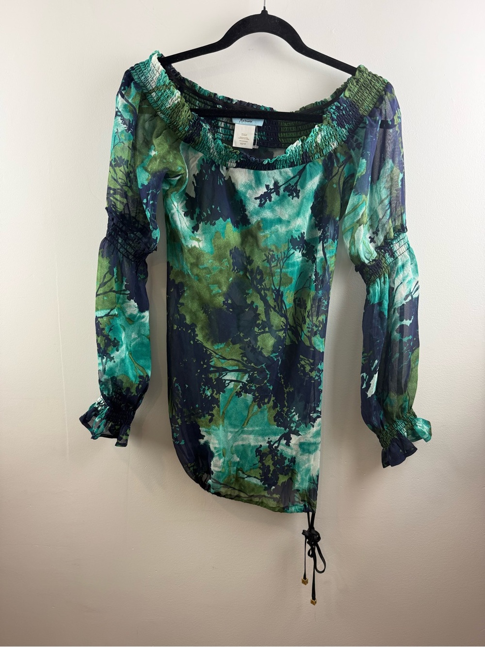 Marciano 100% Silk Off The Shoulder Top Green Forest Print Y2K XS